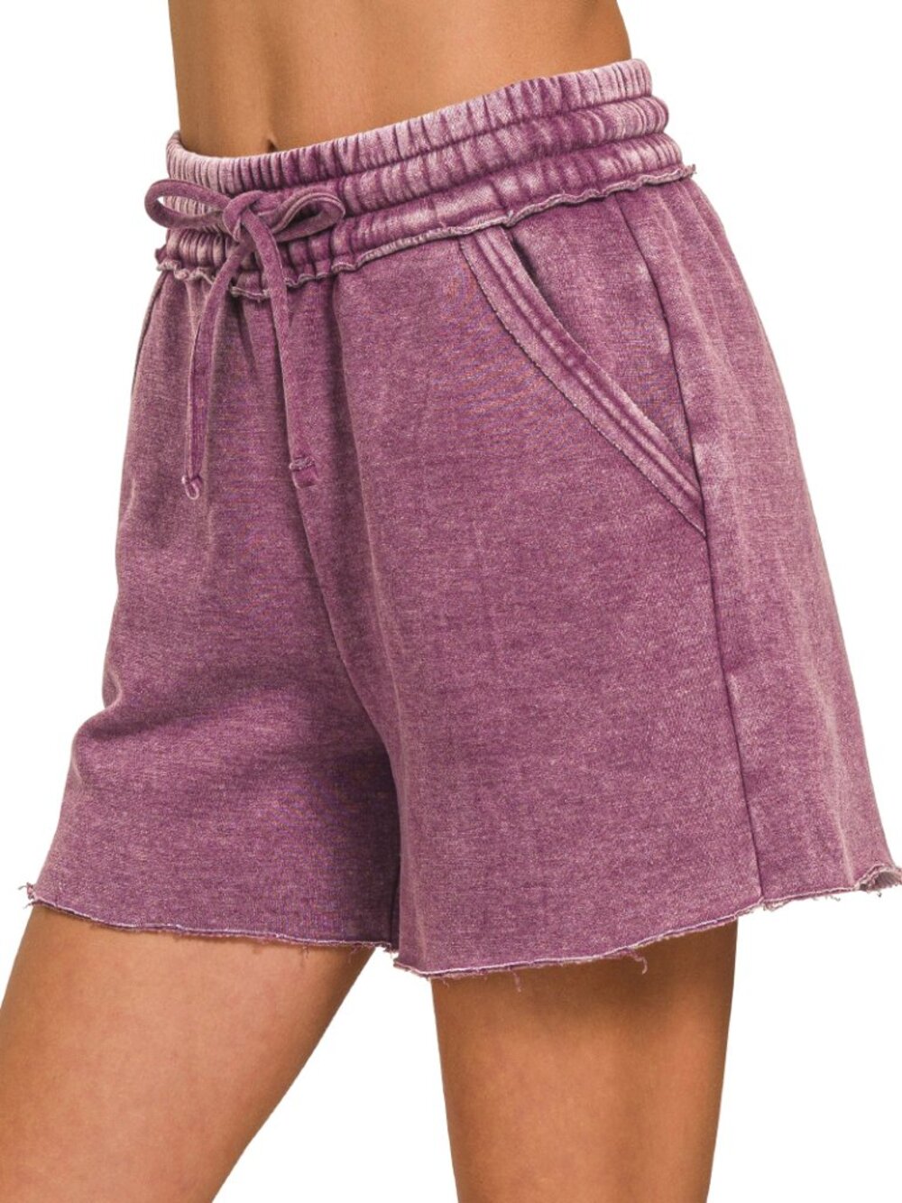 Acid Wash Fleece Drawstring Shorts with Pockets in Eggplant